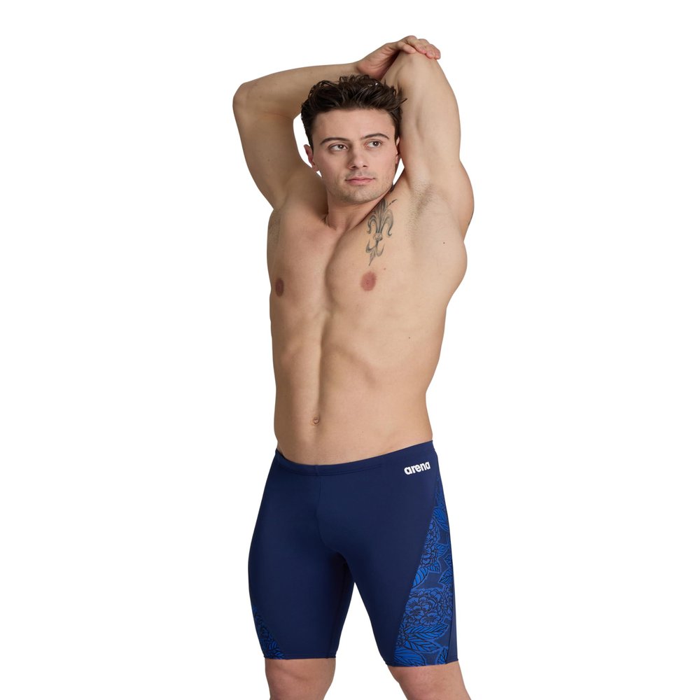 ARENA Men's Swim Jammer Hydrangea Bouquet Team Print MaxLife Athletic Swimwear Training Swimsuit Sports Bathing Suit, Navy/Team Navy, US Size 40