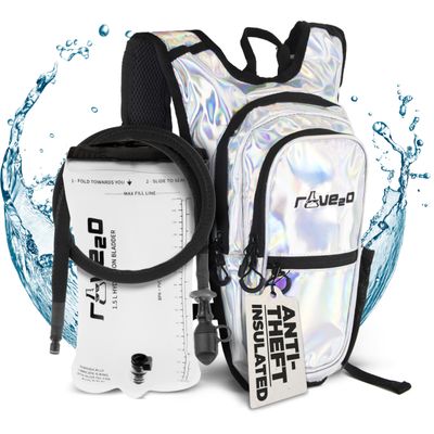 Rave2o Rave Hydration Backpack Anti-Theft Festival Hydration Pack with 1.5L Leakproof TPU Bladder Slim Insulated Water Pack Secret Pockets & Breathable Raves Music Festivals - Holographic Silver