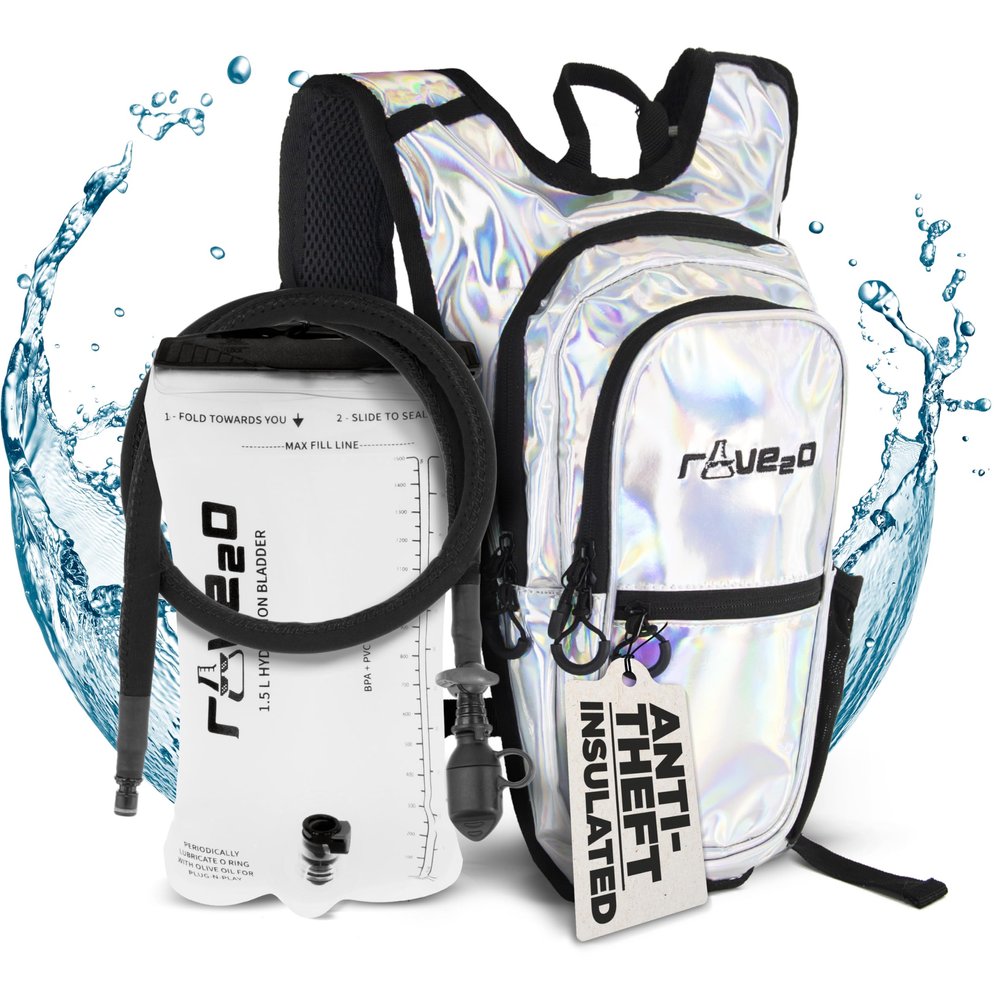 Rave2o Rave Hydration Backpack Anti-Theft Festival Hydration Pack with 1.5L Leakproof TPU Bladder Slim Insulated Water Pack Secret Pockets & Breathable Raves Music Festivals - Holographic Silver