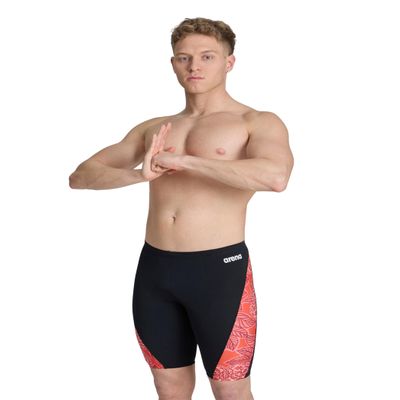 ARENA Men's Swim Jammer Hydrangea Bouquet Team Print MaxLife Athletic Swimwear Training Swimsuit Sports Bathing Suit, Black/Team Red, US Size 20