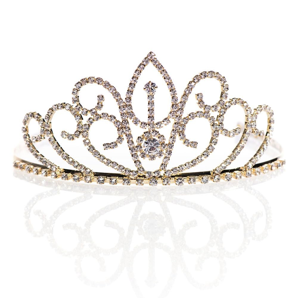 Andersons Gold Odessa Rhinestone Tiara, 2 3/4 Inch Gold Metal Crown with Clear Faux Diamonds for Prom, Homecoming Queen, Wedding Bridal Party, Sweet 16, Quinceaera, Birthday, Pageant, Anniversary, Theater Costume Accessory