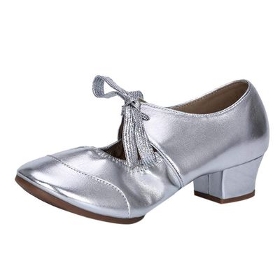 Women's Leather Tap Shoe Latin Dancing Shoes Mid Heel Character Ballroom Wedding Ballet Dance Shoe for Women (Silver, 7)