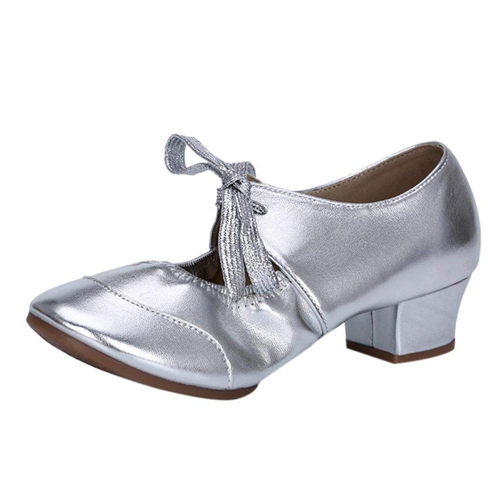 Women's Leather Tap Shoe Latin Dancing Shoes Mid Heel Character Ballroom Wedding Ballet Dance Shoe for Women (Silver, 7)