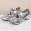 Women's Leather Tap Shoe Latin Dancing Shoes Mid Heel Character Ballroom Wedding Ballet Dance Shoe for Women (Silver, 7) view 4