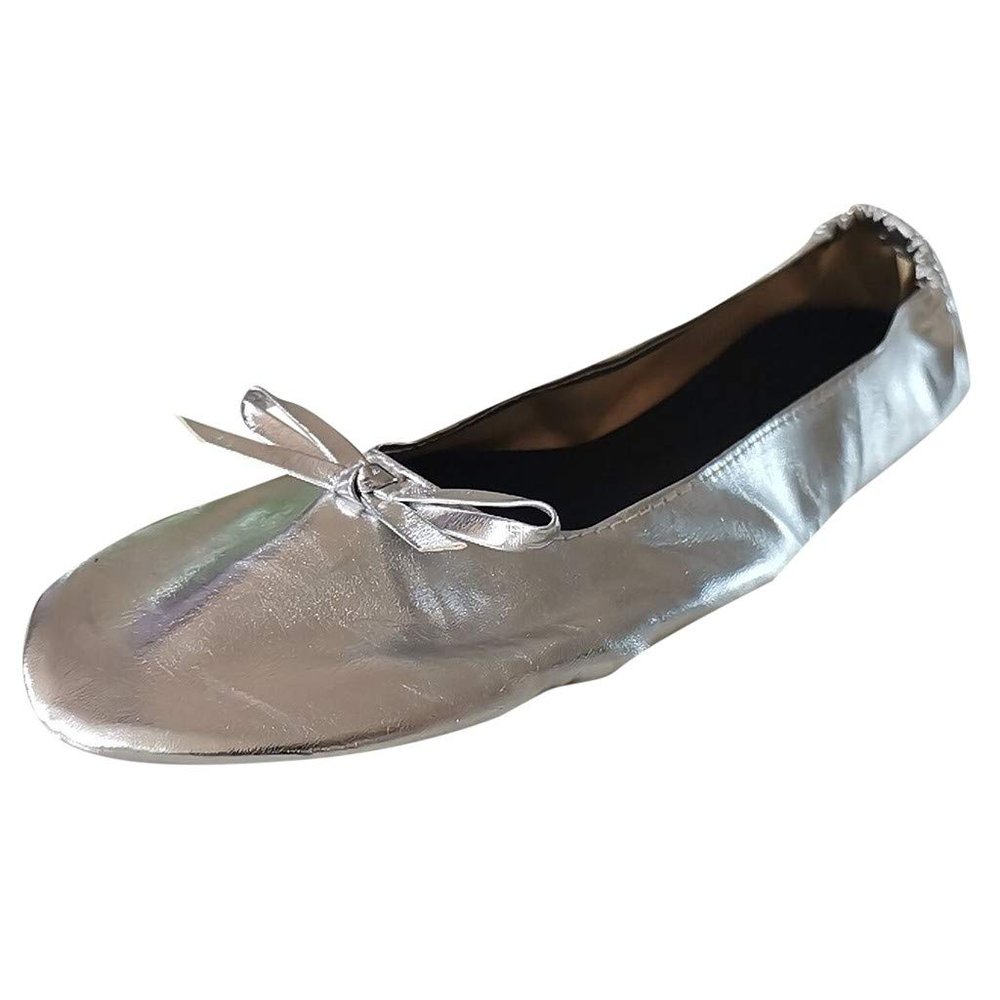 Adult Leather Ballet Shoes for Women Portable Foldable Dance Flat Shoes Women's Ballerina Slippers Formal (Silver, 7.5)