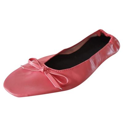 Adult Leather Ballet Shoes for Women Portable Foldable Dance Flat Shoes Women's Ballerina Slippers (Hot Pink, 7.5)