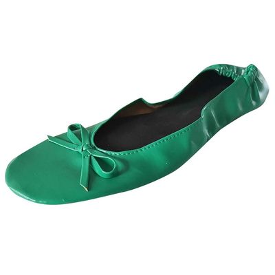 Adult Leather Ballet Shoes for Women Portable Foldable Dance Flat Shoes Women's Ballerina Slippers Formal (Green, 10.5)