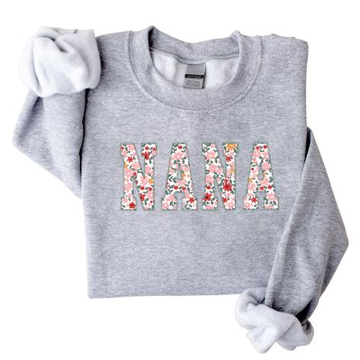 GodLover Nana Floral Applique Embroidered Sweatshirt, Sport Grey Crewneck, Size XL, Gift for Women, Mom, Grandma, Mothers Day, Christmas