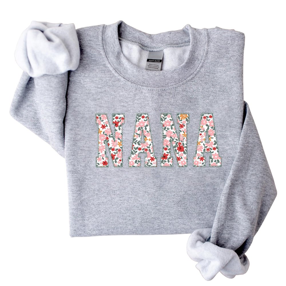 GodLover Nana Floral Applique Embroidered Sweatshirt, Sport Grey Crewneck, Size XL, Gift for Women, Mom, Grandma, Mothers Day, Christmas