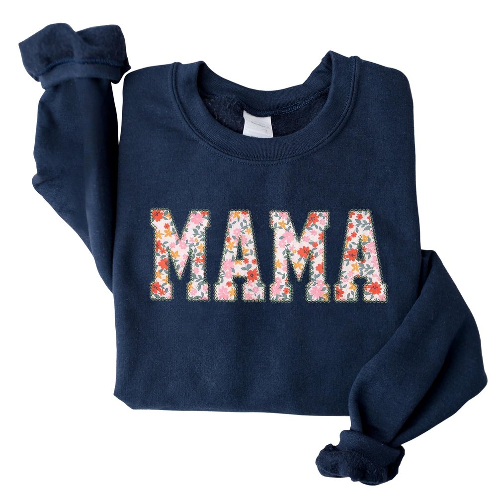 GodLover Mama Floral Applique Embroidered Sweatshirt, Navy Crewneck, Size XL, Gift for Women, Mom, Grandma, Mothers Day, Christmas