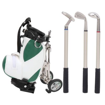 Desktop Golf Pen Set, Mini Desktop Golf Souvenir Set 3 Ballpoint Pens and Mini Bag Zinc Alloy Golf Pen Holding Bag Golf Clubs a Miniature Golf Bag Pen Holder(Green White)