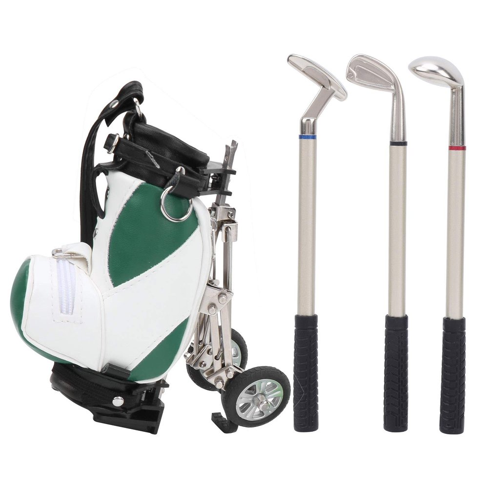 Desktop Golf Pen Set, Mini Desktop Golf Souvenir Set 3 Ballpoint Pens and Mini Bag Zinc Alloy Golf Pen Holding Bag Golf Clubs a Miniature Golf Bag Pen Holder(Green White)
