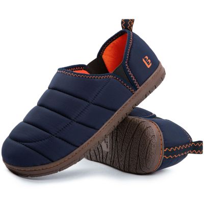 LongBay Men's Outdoor Slippers Two Tone Warm Memory Foam Slip On Indoor House Shoes bedroom Loafers Navy Blue, 14