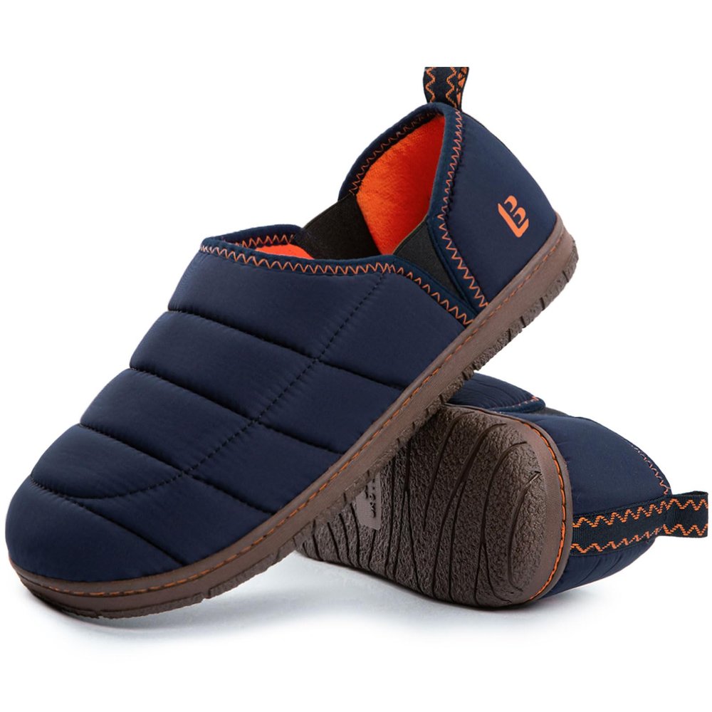 LongBay Men's Outdoor Slippers Two Tone Warm Memory Foam Slip On Indoor House Shoes bedroom Loafers Navy Blue, 14