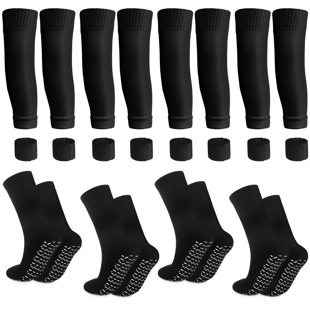 Cuffbow 4 Set Men's Grip Soccer Socks Anti Slip Pads Shin Guard Sleeves Shin Guard Straps for Football with Grip Pads(Black)