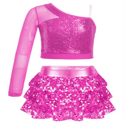 Freebily Kids Girls Sequins Mesh Long Sleeve One Shoulder Crop Top with Ruffle Skirted Shorts Stage Performance Costume Hot Pink 8 Years