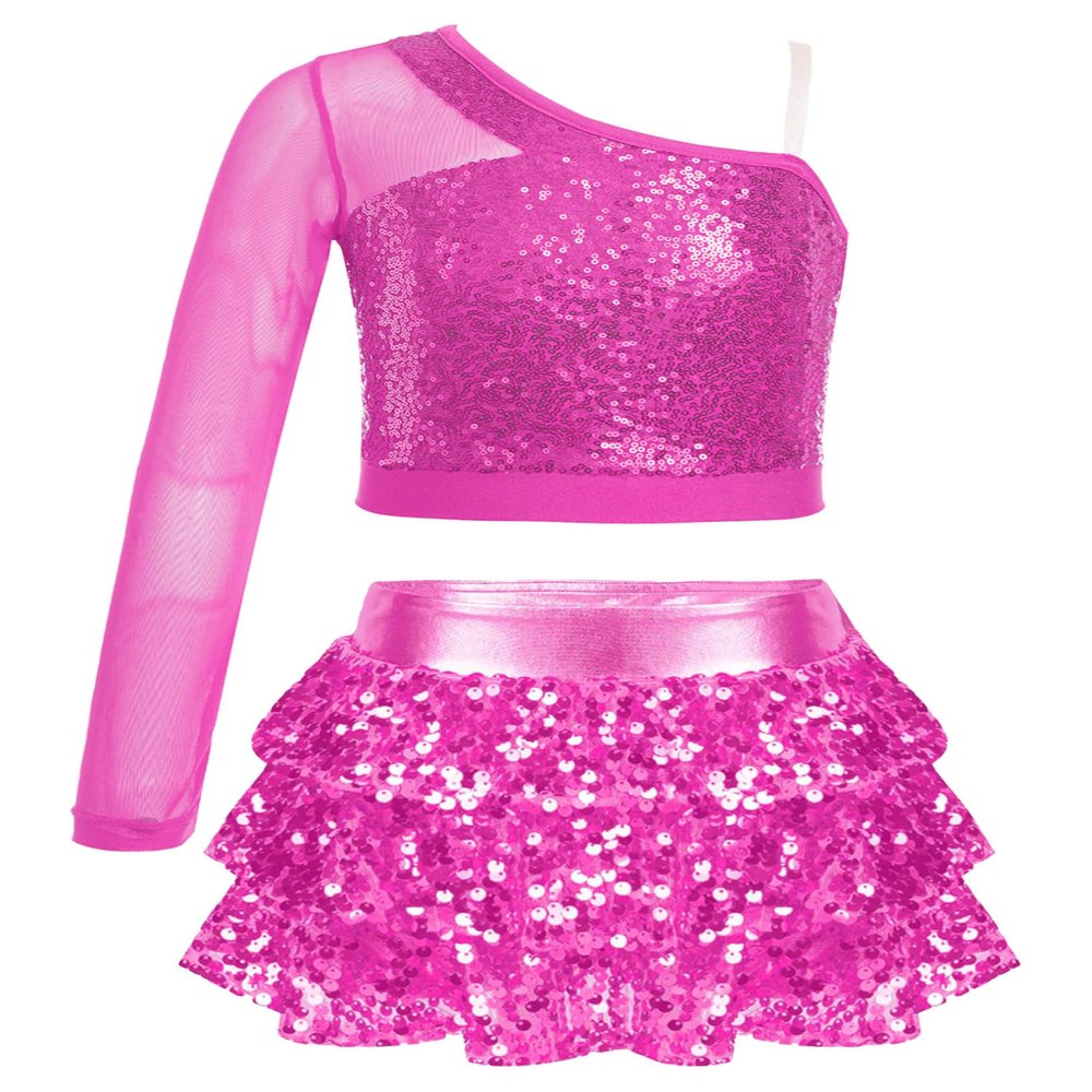 Freebily Kids Girls Sequins Mesh Long Sleeve One Shoulder Crop Top with Ruffle Skirted Shorts Stage Performance Costume Hot Pink 8 Years