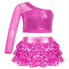 Freebily Kids Girls Sequins Mesh Long Sleeve One Shoulder Crop Top with Ruffle Skirted Shorts Stage Performance Costume Hot Pink 8 Years view 1