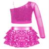 Freebily Kids Girls Sequins Mesh Long Sleeve One Shoulder Crop Top with Ruffle Skirted Shorts Stage Performance Costume Hot Pink 8 Years view 2