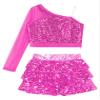 Freebily Kids Girls Sequins Mesh Long Sleeve One Shoulder Crop Top with Ruffle Skirted Shorts Stage Performance Costume Hot Pink 8 Years view 3