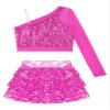 Freebily Kids Girls Sequins Mesh Long Sleeve One Shoulder Crop Top with Ruffle Skirted Shorts Stage Performance Costume Hot Pink 8 Years view 4