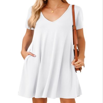 JollieLovin Women T Shirt Plus Size Summer Swing Dresses Short Sleeve V Neck Loose Casual Dress(1X,White)