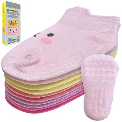 (5 Pairs) Toddler Socks with Grippers - Non Slip Baby Socks 6-12 12-24 Months 2t-3t 4t-5t Anti Slip Ankle Grip Cotton Boy Girl Infant Kid Child 3 Year Old White Grippy Calcetines Antideslizantes Bebe