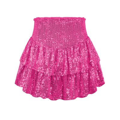ebossy Women's Shinny Sequin Tiered Pleated Glitter Mini Skirt for Events and Holiday Parties (L, Rose)