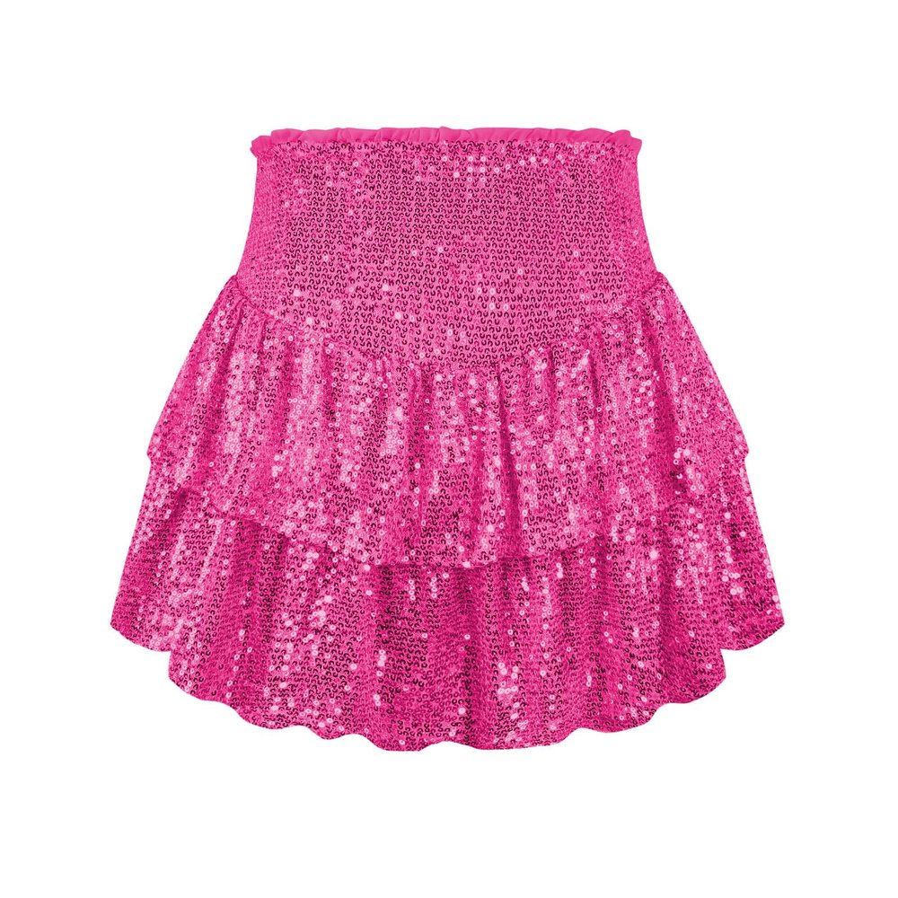 ebossy Women's Shinny Sequin Tiered Pleated Glitter Mini Skirt for Events and Holiday Parties (L, Rose)