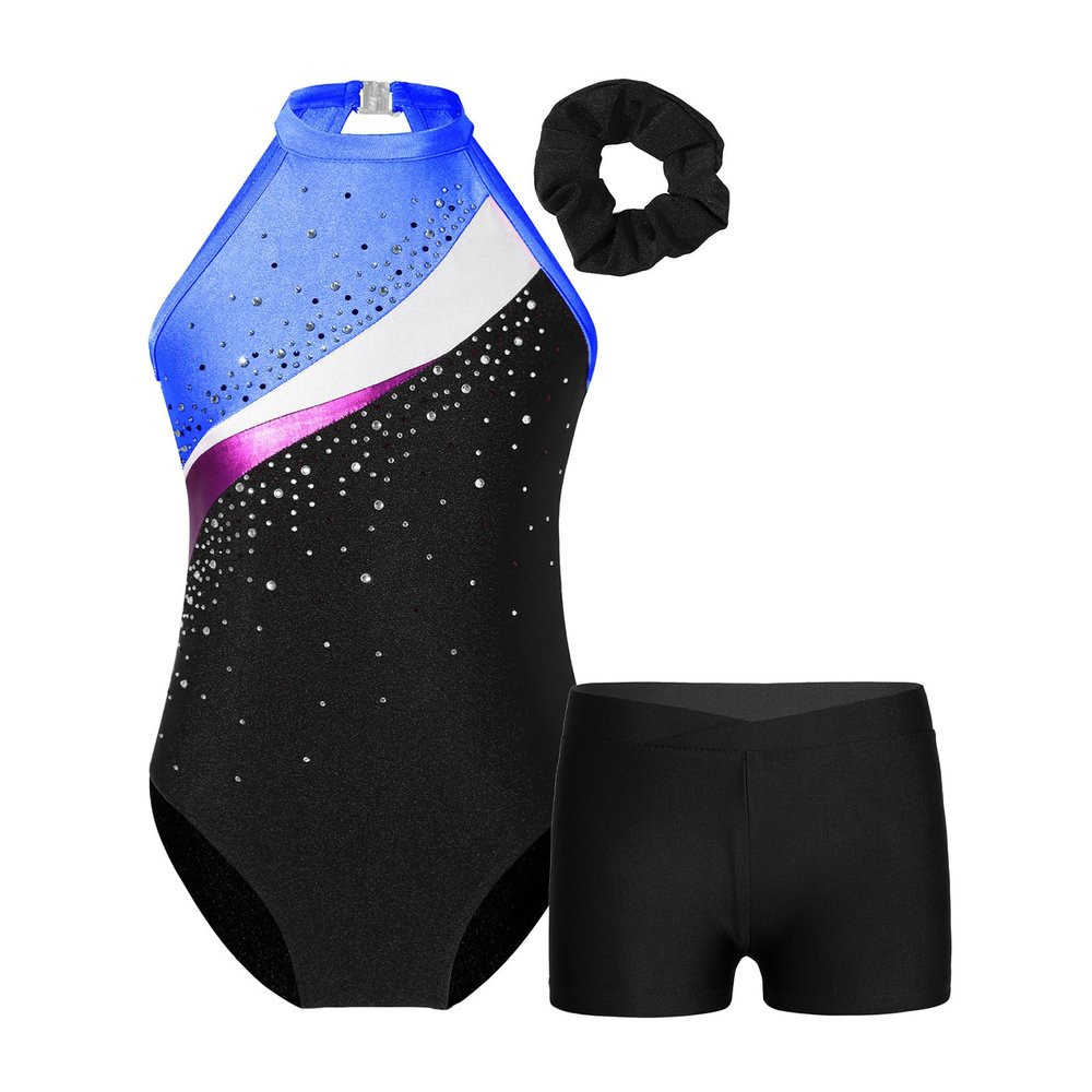 Linjinx Kids Girls Diamond Sleeveless Leotards with Athletic Shorts Sets 2Pcs Tracksuit Gymnastics Dance Outfits Black&Royal Blue H 12 Years