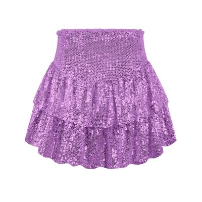 ebossy Women's Shinny Sequin Tiered Pleated Glitter Mini Skirt for Events and Holiday Parties (L, Purple)