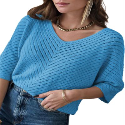 Dokotoo Women's Spring Fall Fashion 2026 V Neck 3/4 Short Sleeve Pullover Sweaters Loose Solid Color Jumper Knitted Casual Tunic Tops Blue Medium
