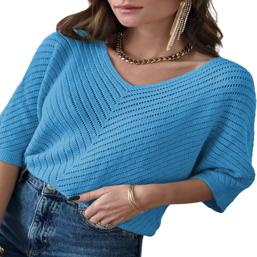 Dokotoo Women's Spring Fall Fashion 2026 V Neck 3/4 Short Sleeve Pullover Sweaters Loose Solid Color Jumper Knitted Casual Tunic Tops Blue Medium