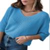 Dokotoo Women's Spring Fall Fashion 2026 V Neck 3/4 Short Sleeve Pullover Sweaters Loose Solid Color Jumper Knitted Casual Tunic Tops Blue Medium view 1