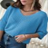 Dokotoo Women's Spring Fall Fashion 2026 V Neck 3/4 Short Sleeve Pullover Sweaters Loose Solid Color Jumper Knitted Casual Tunic Tops Blue Medium view 2