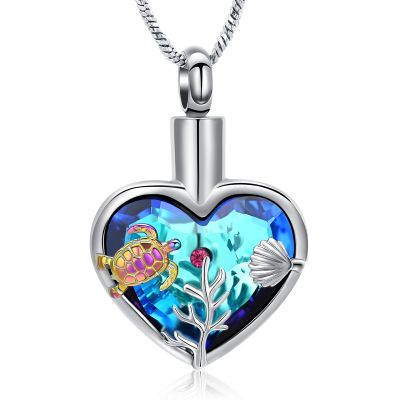 Yinplsmemory Sea Turtle Urn Necklaces for Ashes for Women Men Stainless Steel Crystal Heart Urn Locket Pendant Keepsake Memorial Cremation Jewelry