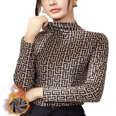 Freaswind Dralon Turtleneck Tops for Women Autumn Winter Thickened Thermal Underwear Inner Warm Printed Long-Sleeved Shirt (US, Alpha, Large, Regular, Regular, Square)