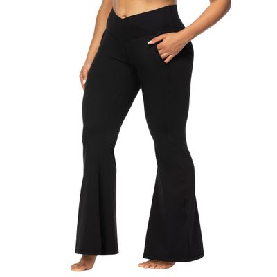 Sunzel Flare Leggings for Women with Pockets, Crossover Yoga Pants with Tummy Control, High Waisted and Wide Leg Side Pockets 30" Black X-Large