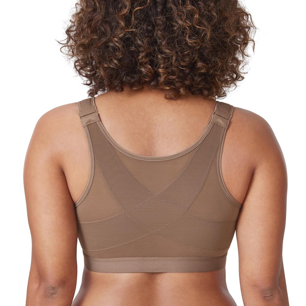 DELIMIRA Women's Front Closure Posture Wireless Back Support Full Coverage Bra Brown Purple 40DD