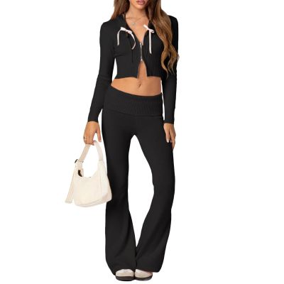 FOMOYUU Women Ribbed Knit 2 Piece Outfits Long Sleeve Zip Up Crop Jacket + High Waist Flare Skinny Pants Loungewear Sets (Black C, M)