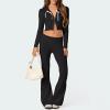 FOMOYUU Women Ribbed Knit 2 Piece Outfits Long Sleeve Zip Up Crop Jacket + High Waist Flare Skinny Pants Loungewear Sets (Black C, M) view 2