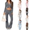 FOMOYUU Women Ribbed Knit 2 Piece Outfits Long Sleeve Zip Up Crop Jacket + High Waist Flare Skinny Pants Loungewear Sets (Black C, M) view 3