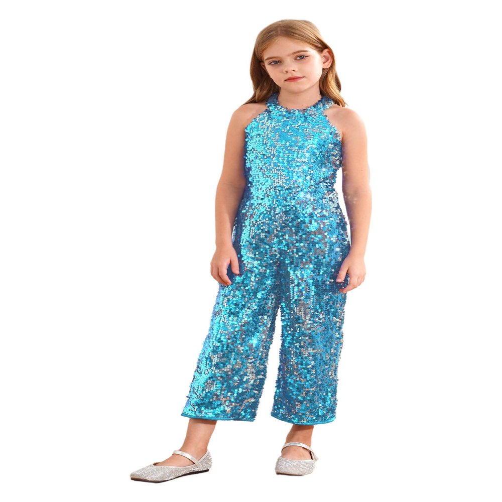 YOOJIA Kids Girls Halter Shiny Sequins Jazz Latin Dance Jumpsuit Sleeveless High Waist Pageant Romper Long Pants Sky Blue 14 Years