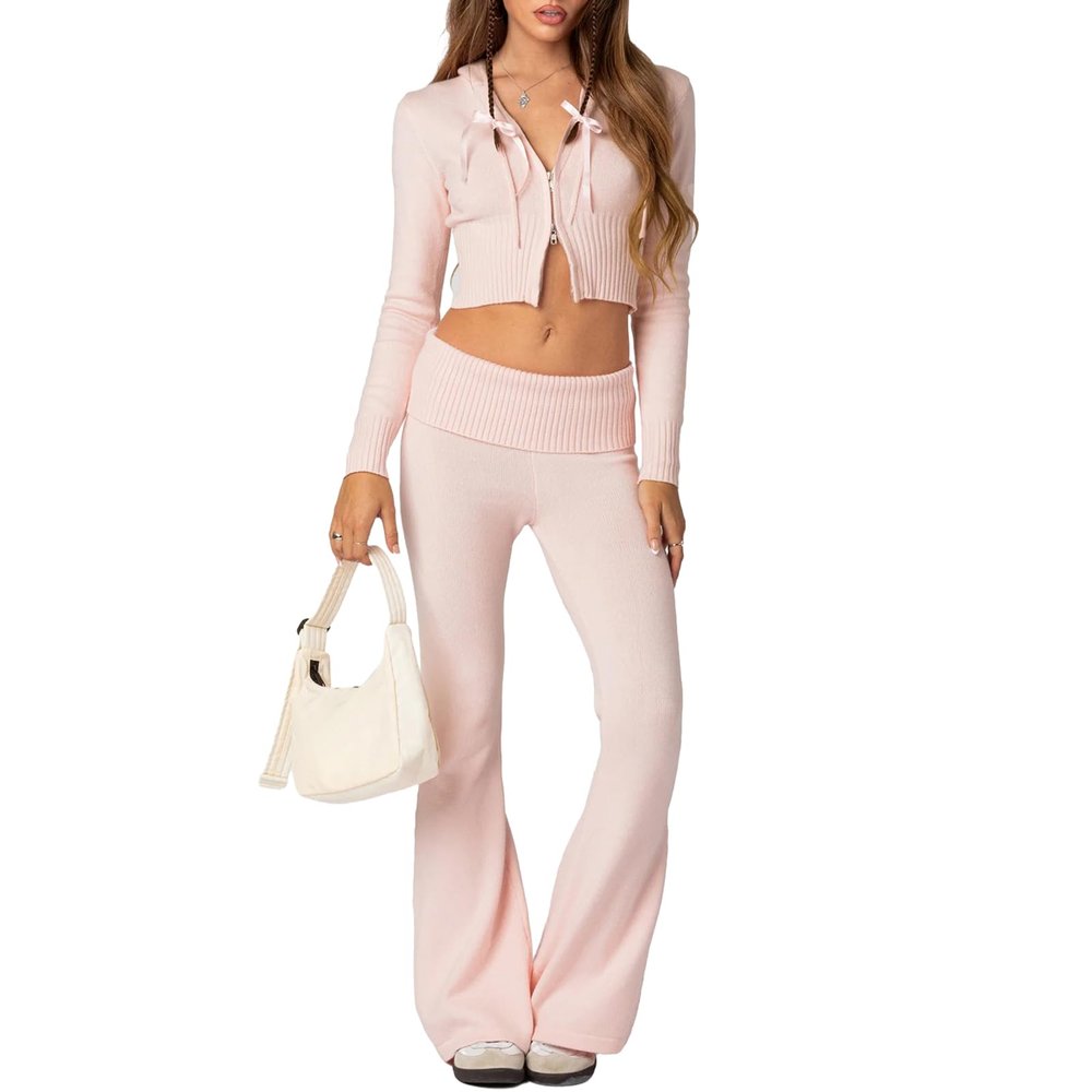 FOMOYUU Women Ribbed Knit 2 Piece Outfits Long Sleeve Zip Up Crop Jacket + High Waist Flare Skinny Pants Loungewear Sets (Light Pink C, XL)