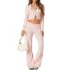 FOMOYUU Women Ribbed Knit 2 Piece Outfits Long Sleeve Zip Up Crop Jacket + High Waist Flare Skinny Pants Loungewear Sets (Light Pink C, XL) view 1