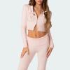 FOMOYUU Women Ribbed Knit 2 Piece Outfits Long Sleeve Zip Up Crop Jacket + High Waist Flare Skinny Pants Loungewear Sets (Light Pink C, XL) view 4