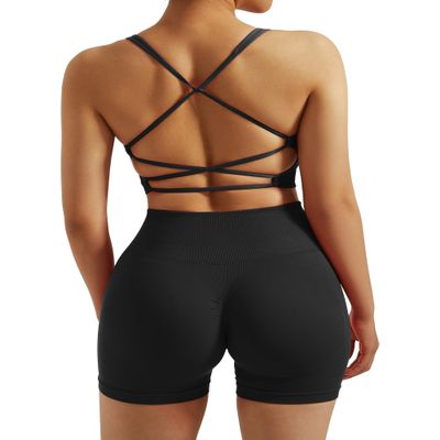 RXRXCOCO Seamless Workout Sets for Women 2 Piece Strappy Sports Bras Scrunch Butt Booty Shorts Matching Yoga Outfits Black Large