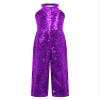 YOOJIA Kids Girls Halter Shiny Sequins Jazz Latin Dance Jumpsuit Sleeveless High Waist Pageant Romper Long Pants Purple 8 Years view 3