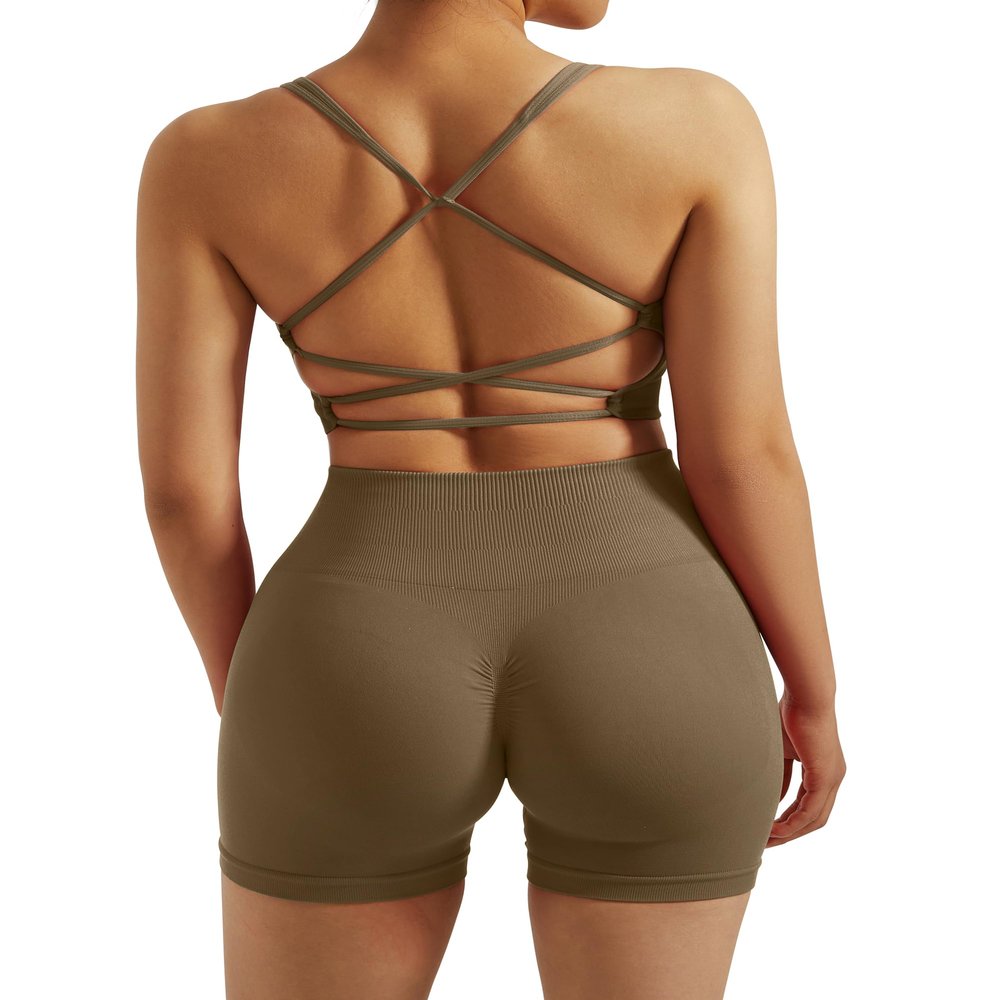 RXRXCOCO Seamless Workout Sets for Women 2 Piece Strappy Sports Bras Scrunch Butt Booty Shorts Matching Yoga Outfits Coffee Small