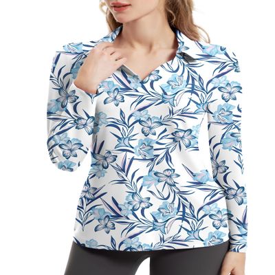 FKEEP Women's Tennis Golf Shirt Long Sleeved Top Sport Activewear V-Neck Workout Athletic (Blue Flowers, XL)